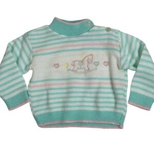 Vintage Childwise Rocking Horse Sweater Girl 2T Teal Pink Striped Mock Neck Knit
